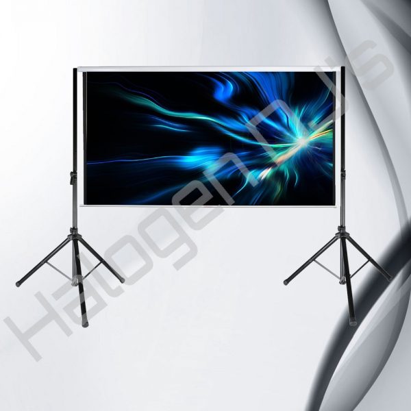 3.2 by 2.5 meter projector screen. Rolls down from the front and with tripod legs - 3.2m x 2.5m Roll Down Front Projector Screen Hire with Halogen DJ Company