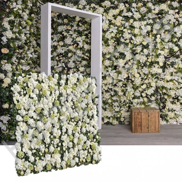 Backdrop wall with green and white flower collage - Flower Wall Green & White Backdrop Hire with Halogen DJ Company