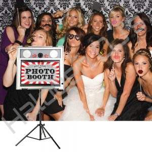 23 inch touch screen photo booth, tripod stand and backdrop, printer and props - Open Air Photo Booth Hire with Halogen DJ Company